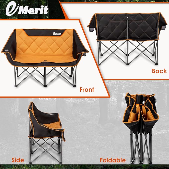 EMERIT Oversized Double Duo Camping Chair Folding Camping Loveseat 2 Person Camping Couch Heavy Duty Lawn Chairs for Outside with Padded Seats & Armrests-Support 650LBS