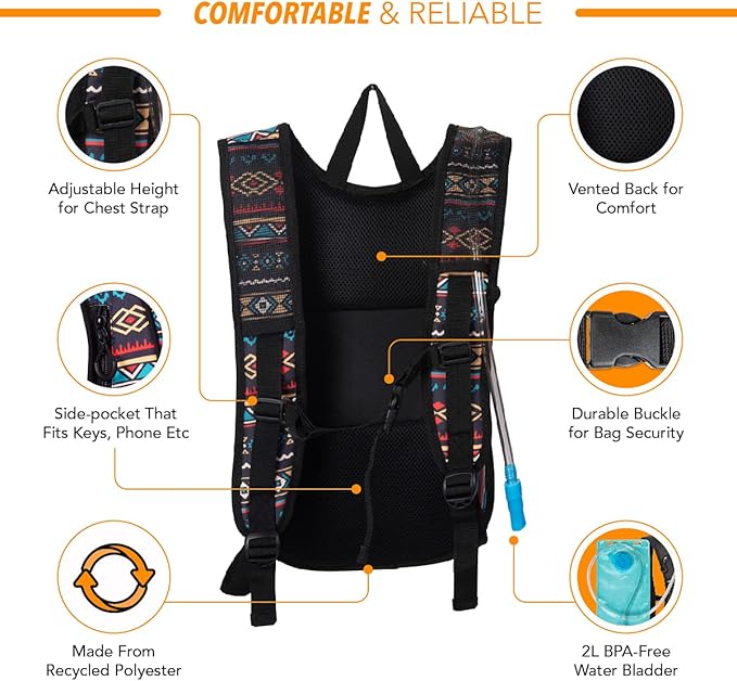 Vibe Festival Gear Hydration Pack Backpack with 2L Water Bladder for Women, Men, Teens, Kids - Hydropack Hydro Sports, Outdoor, Running, Camping, Hiking, Festivals, Raves