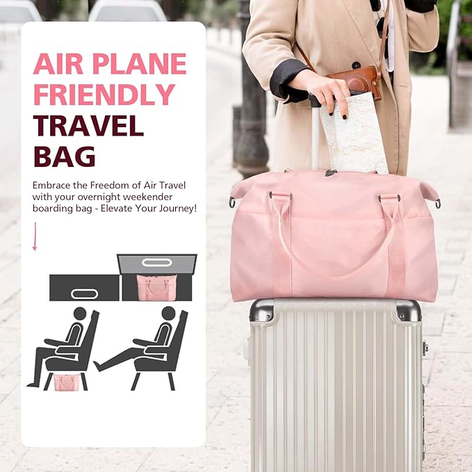 TOPBAG Travel Duffle Bag, Waterproof Weekender Carry On Tote Bags for Women, Sport Gym Bag for Men, Hospital Bag for Labor and Delivery, Overnight Luggage Bag with Trolley Sleeve Coral Pink