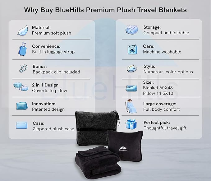 BlueHills 2-Pack Premium Soft Travel Blanket Pillow Airplane Blanket for Two in Soft Bag Pillowcase with Hand Luggage Belt and Backpack Clip, Compact Pack Large Blankets for Travel (Black T014)