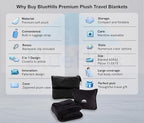 BlueHills Premium Soft Travel Blanket Pillow Airplane Blanket Packed in Soft Bag Pillowcase with Luggage Sleeve Compact Pack Large Traveling Packable Lightweight Gifts Black T008