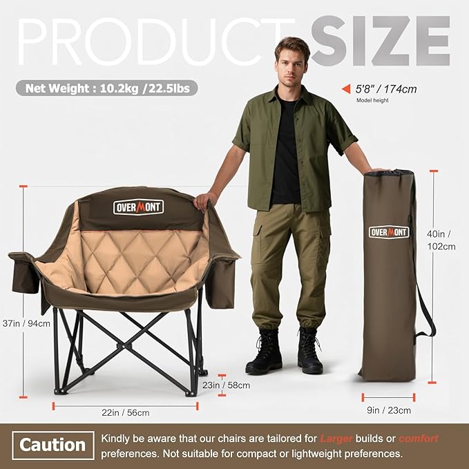 Overmont Oversized XL Camping Chair for Adults - 400lbs Support Heavy-Duty Padded Folding Chair with Side Pocket Cup Holder Cooling Bag for Outdoor Sports Garden Beach Fishing Lawn Khaki