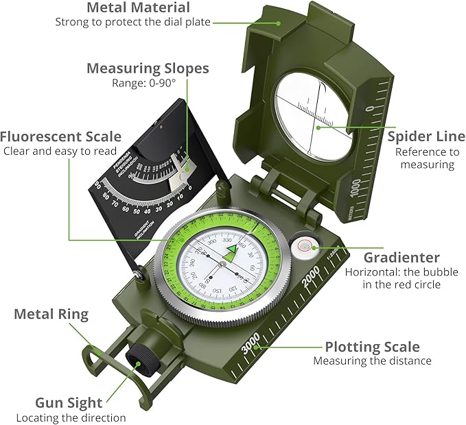 Proster IP65 Compass Hiking Survival - Lensatic Sighting Compass for Camping Navigation, Compass with Clinometer & Carry Bag for Camping Hunting Hiking Geology Activities