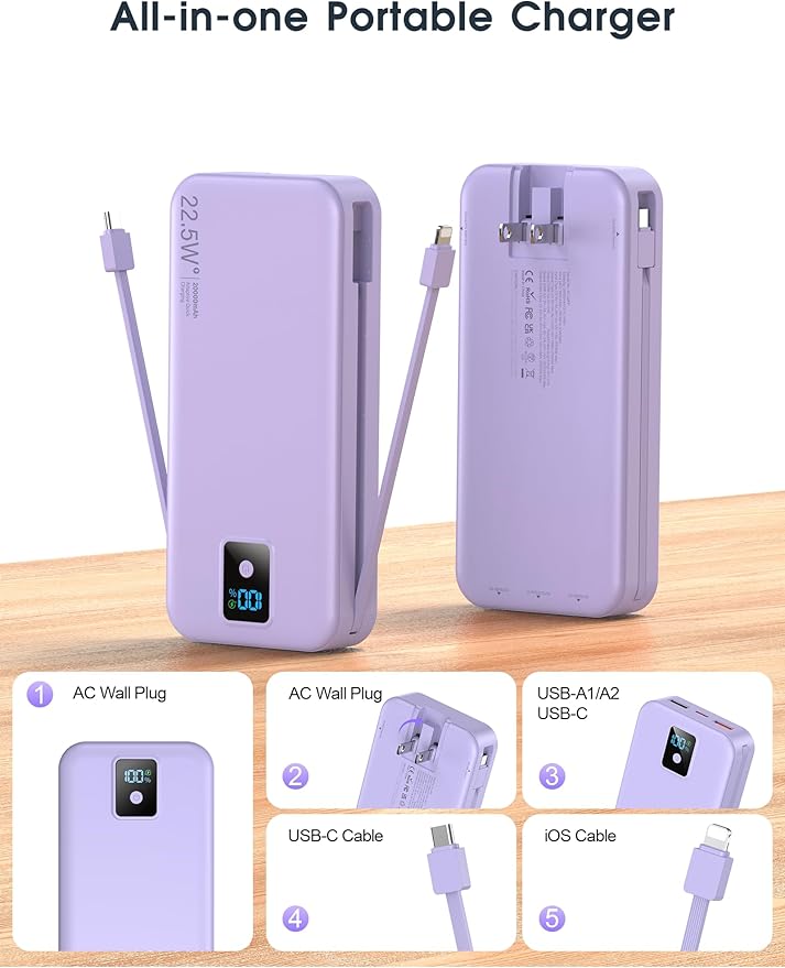 Portable Charger, 20000mAh 22.5W Fast Charging Power Bank with Built-in Cables & Wall Plug, Travel Essential Battery Pack with LED Display, USB C Battery Phone Charger for iPhone, iPad, Samsung Purple