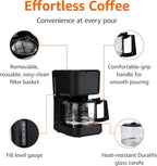 Amazon Basics 5 Cup Drip Coffee Maker, Coffee Machine with Glass Coffee Pot (0.8 Qt), Auto Shut-off, Auto Pause, Removable Filter Basket, Matte Black