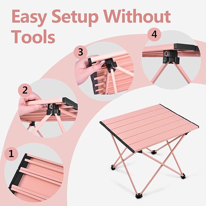 Grope Portable Camping Table with Aluminum Table Top, Folding Beach Table Easy to Carry, Prefect for Outdoor, Picnic, BBQ, Cooking, Festival, Beach, Home (Pink-M)