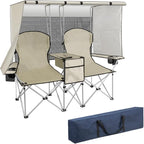 BDL Double Camping Chair with Canopy, Two Person Folding Loveseat with Shade, Heavy Duty Beach Chair with Cooler Bag, Cup Holder for Outside, Fishing, Sports, Beach-White
