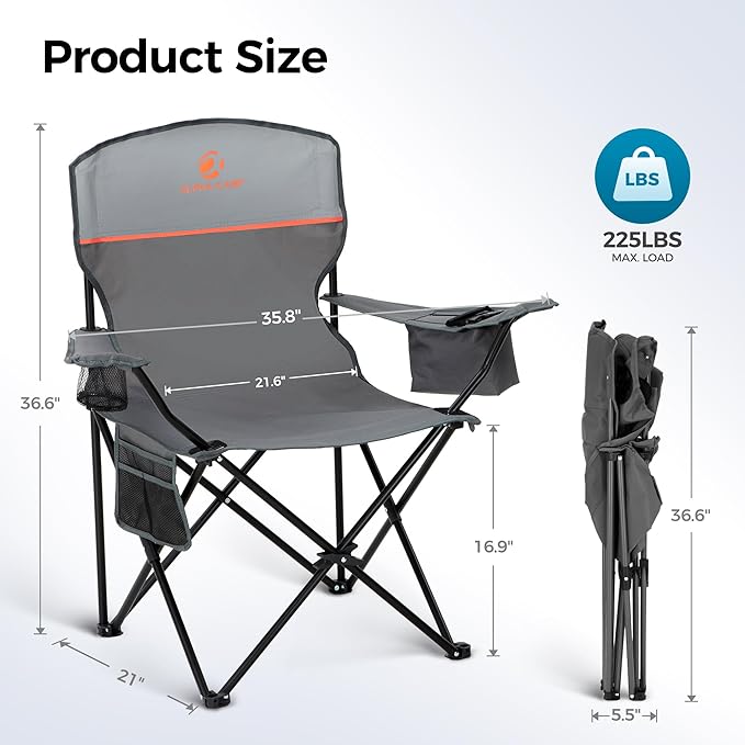 ALPHA CAMP Camping Chair 2 Pack Portable Chair with 3-Can Cooler Folding Chair with Side Pocket and Cup Holder, Collapsible for Camping, Tailgates, Beach, Fishing and Sports,2PC