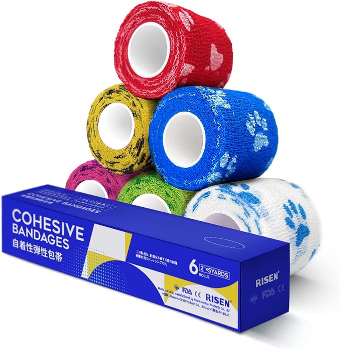RISEN Cohesive Bandage 2” x 5 Yards, 6 Rolls, Self Adherent Wrap Medical Tape, Adhesive Flexible Breathable First Aid Gauze Ideal for Stretch Athletic