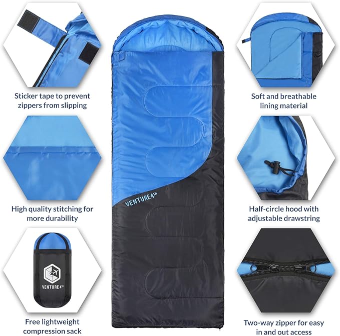 VENTURE 4TH Backpacking Sleeping Bag – XXL, Double and Single Sizes - Lightweight Warm & Cold Weather Sleeping Bags for Adults, Kids & Couples – Ideal for Hiking, Camping & Outdoor Adventures