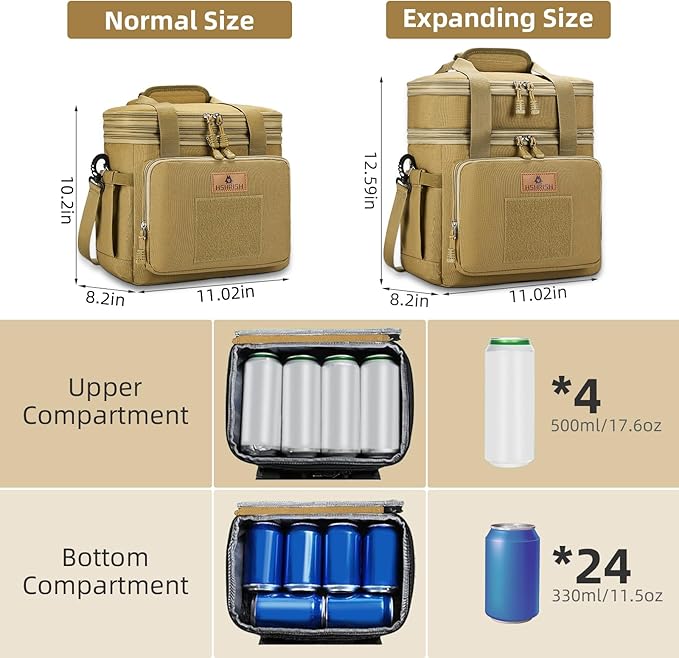 Tactical Lunch Bag, Large Expandable Lunch Box for Men, Durable Waterproof Leakproof Cooler Bag with Molle Webbing, for Adults/Work Outdoor Picnic Hiking Camping, 20 Can/15 L, Brown, HSHRISH