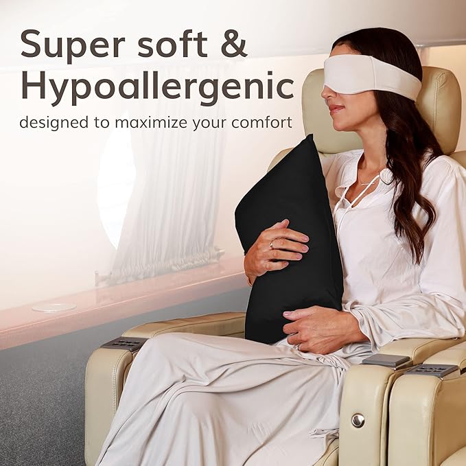 Happyluxe Odyssey Travel Pillow for Long Flights - Soft, Small, Alternative to Down and Memory Foam. 17 x 13in - Made in The USA, Jet Black Airplane Pillow for Adults Sleeping, Camping or Nap