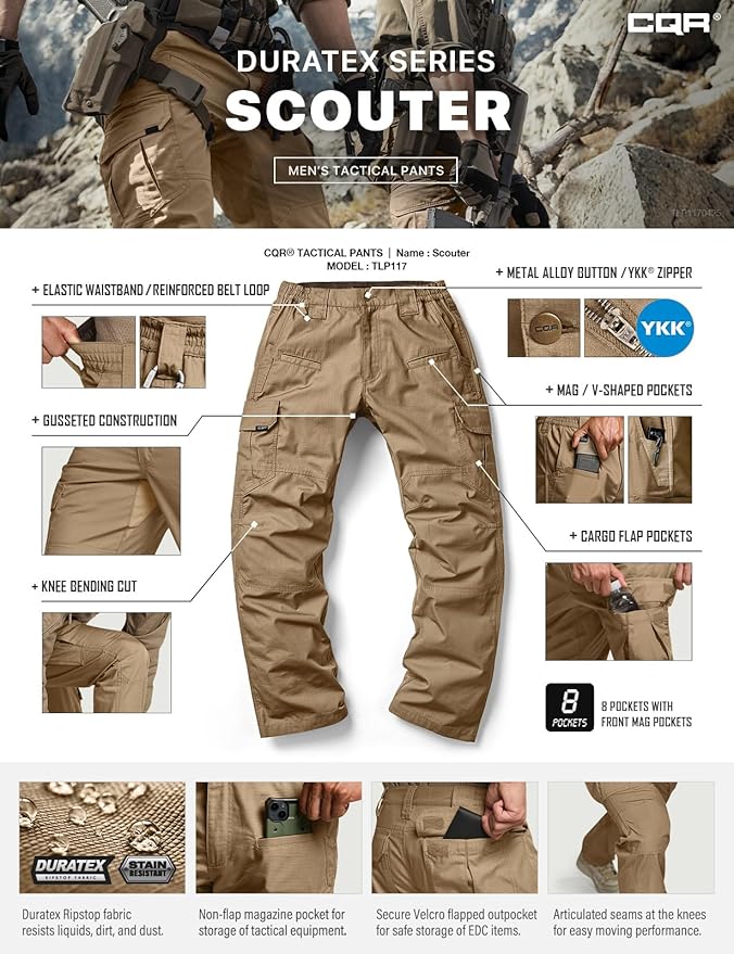 CQR Men's Tactical Pants, Water Resistant Ripstop Cargo Pants, Lightweight EDC Work Hiking Pants, Outdoor Apparel
