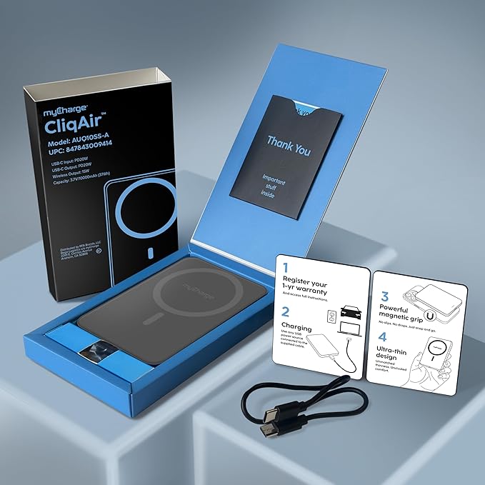 myCharge CliqAir 10000mAh Magnetic Power Bank – Ultra-Thin 0.5" Design | 15W Fast Wireless Charging | 20W PD USB-C Port | Powerful Magnetic Hold | Perfect for Travel, Work, or Everyday Use | Grey