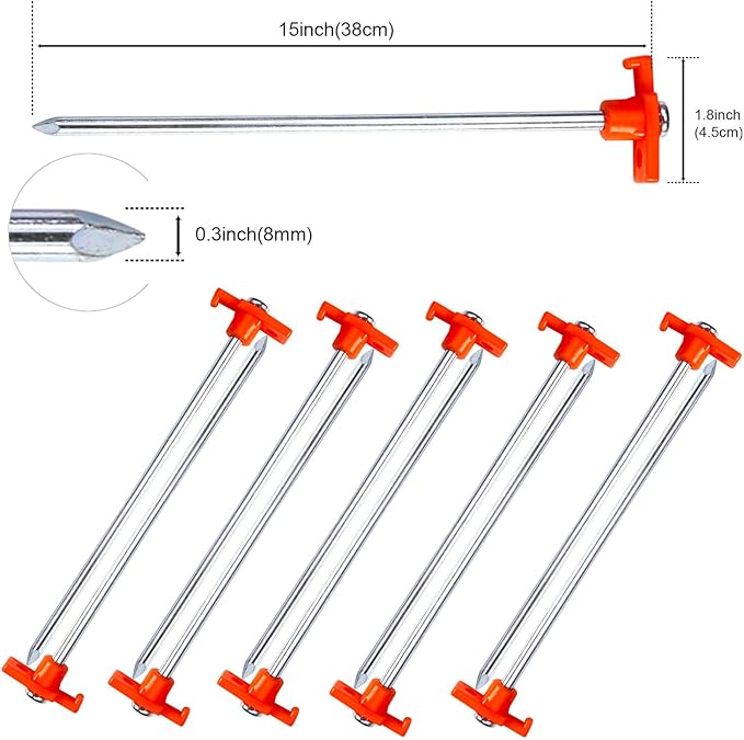 ABCCANOPY 15 Inch Tent Stakes 10 Pcs Non-Rust Metal Ground Anchors, Heavy Duty Spikes with 4 Ropes for Outdoor Camping, Orange