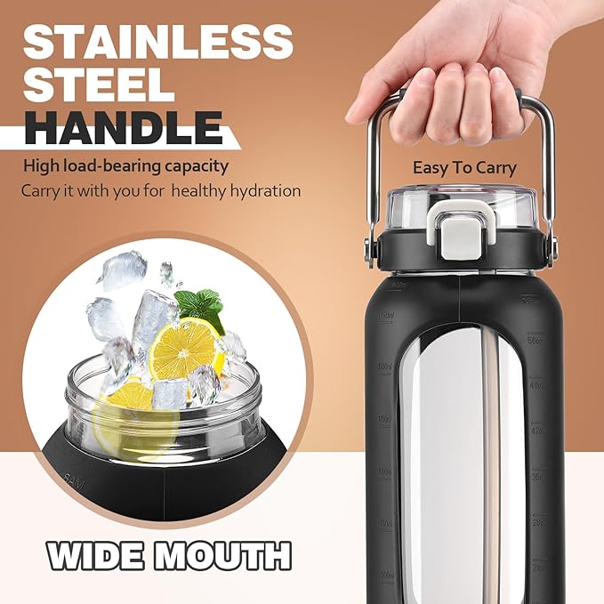 BLUEGO 64oz Water Bottle Glass with Stainless Steel Handle Large Water Bottle with Time Markers and Silicone Sleeve Half Gallon Water Jug BPA Free for Gym Daily Use, Black