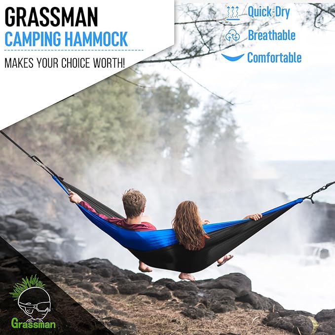 Grassman Camping Hammock Double & Single Portable Hammock with Tree Straps, Lightweight Nylon Parachute Hammocks Camping Accessories Gear for Indoor Outdoor Backpacking, Travel, Hiking, Beach