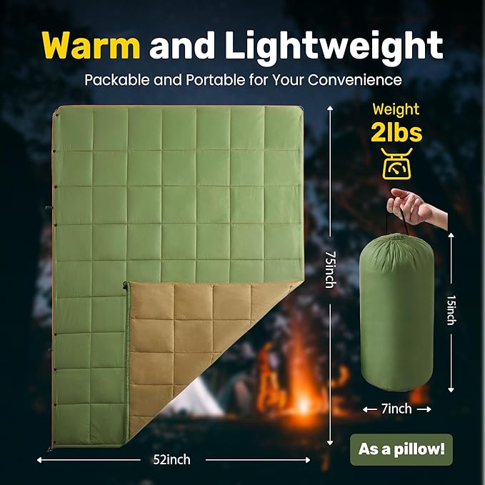 UNIKOME Outdoor Packable Camping Blanket, Lightweight Travel Blanket for Hiking, Camping, Dual-Sides Waterproof Puffy Down Alternative Camping Blanket with Snap Clasps, 75"×52", Army Green&Brown