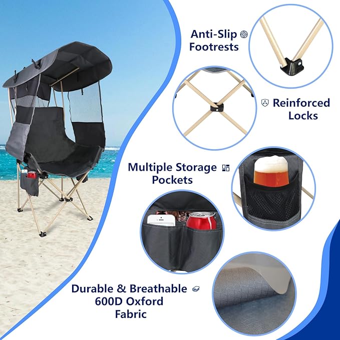 Folding Camping Chairs Canopy Outdoor: Sports Portable Beach Chair with Canopy-Lawn Beach Chairs with Umbrella for Adults-Camping Chair with Shade for Fishing Camp Heavy Duty (Regular, Grey)