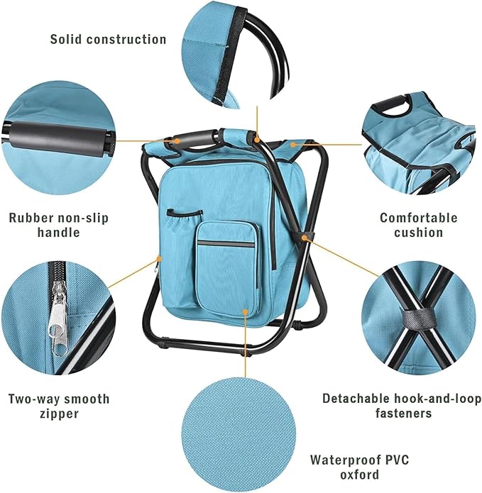 Kikerike Backpack Stool Cooler Chair Heavy Duty 400 LBS Max Load Portable Lightweight Folding Fishing Cooler for Camping Hunting Fishing - Sky Blue