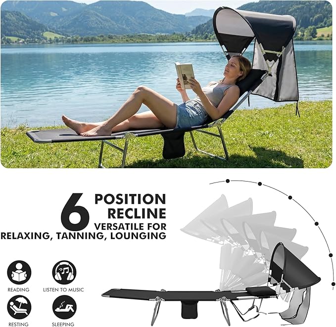 Backpack Beach Tanning Lounge Chair with Canopy Shade Face Hole Padded Adjustable Washable, 6 Position Layout Chair for Outside Sunbathing Poolside Lawn, UPF 50+ Wind-Resistant Sun Shade, 2 Pack