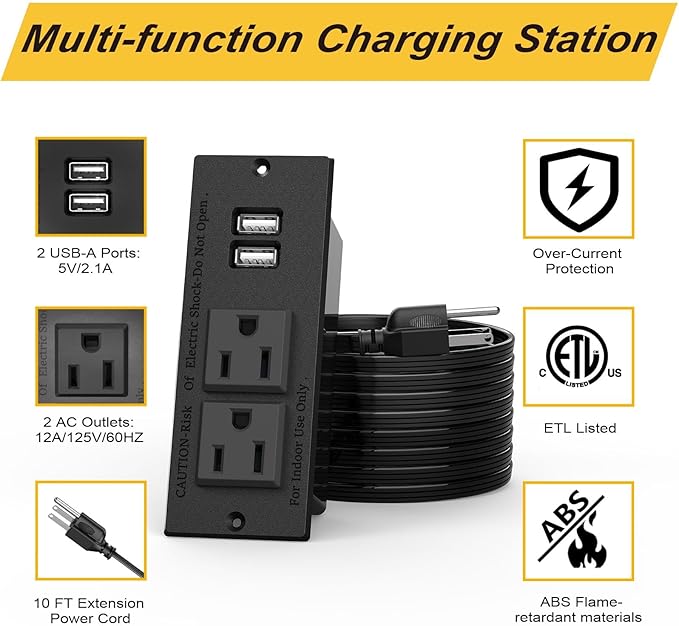 10-Pack Recessed Power Strip Desktop Power Grommet Conference in Desk Outlet Power Socket 2 Outlets &2 USB Ports 10 FT Extension Power Cord, ETL Listed