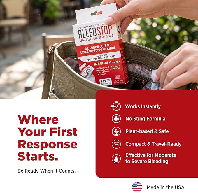 BleedStop™ First Aid Powder for Blood Clotting, Trauma Kit, Blood Thinner Patients, Camping Safety, and Survival Equipment for Moderate to Severe Bleeding Wounds or Nosebleeds 5 Pack 15g