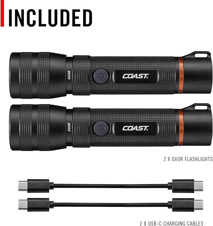 Coast G60R 1000 Lumen Waterproof Rechargeable LED Flashlight, 2-Pack
