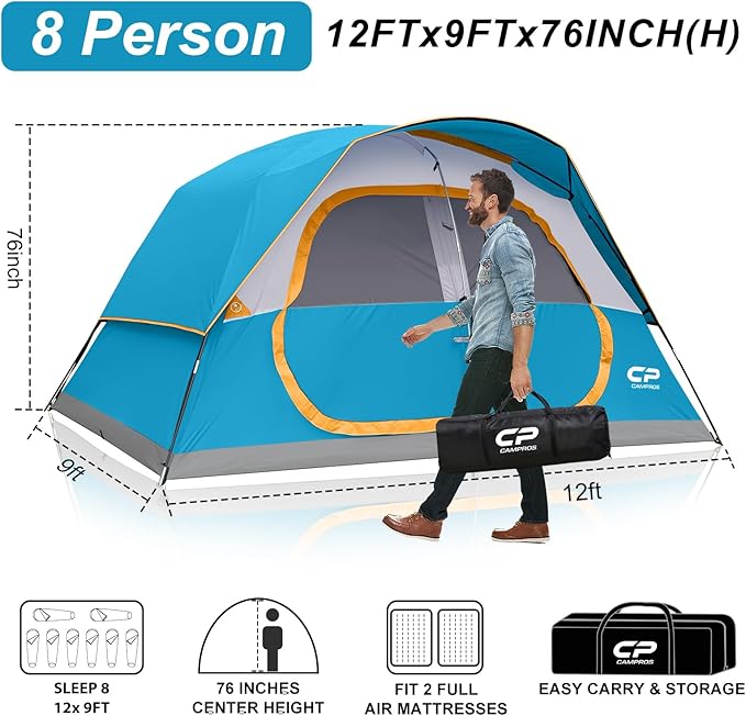 CAMPROS CP Tent 8 Person Camping Tents, Waterproof Windproof Family Tent with Top Rainfly, Large Mesh Windows, Double Layer, Easy Set Up, Portable with Carry Bag, for All Seasons
