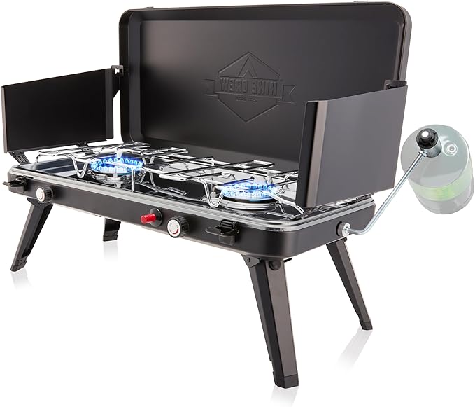 Hike Crew Gas Camping Stove | 20,000 BTU 2 Burner Propane Portable Stovetop | Foldable Legs | Integrated Igniter & Included Regulator | Wind Panels & Built-in Carrying Handle