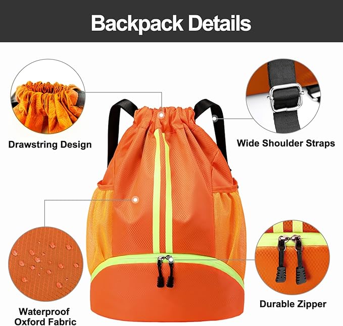 Hoedia Sports Drawstring Backpack - String Swim Gym Bag with Shoes Compartment and Wet Proof Pocket for Women/Men (Orange)