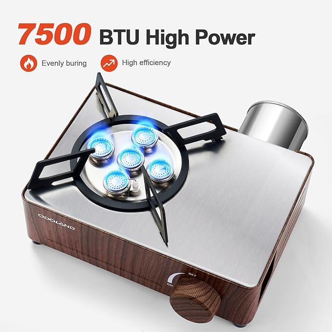 Odoland 7500BTU Camping Butane Stove with Compact Carry Case, CSA Certified Portable Gas Stove for Backpacking,Picnic,Outdoor Adventures,Brown