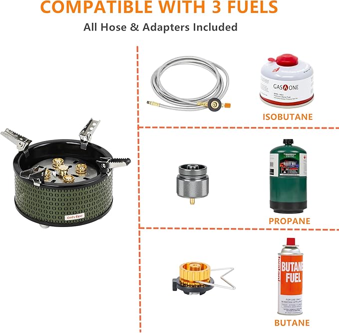 ONLYFIRE Portable Camping Gas Stove with Storage Bag & Foldable Brackets, 5 Burners Camp Stove 3 Fuels Adapters, Propane Stove for Outdoor Cooking Picnic Camping Backpacking Hiking, Green GS344