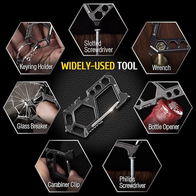 Carabiner Keychain Stainless Steel Multitool - 11 in 1 Tactical Emergency Survival Gear - Glass Breaker,Bottle Opener, Wrench, Screw Drivers, Key Clip, EDC Pocket and Backpack Tool