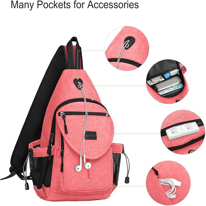 MOSISO Sling Backpack,Canvas Crossbody Hiking Daypack Bag with Anti-theft Pocket, Cherry Pink