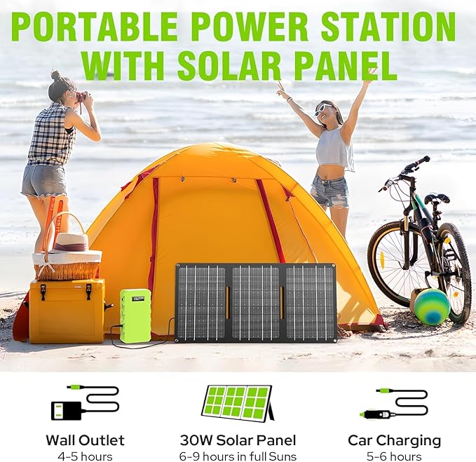 88Wh Portable Power Station with 30W Solar Panel, 24000mAh Solar Generator with Panels Included, Lithium Battery Rechargeable Powered Bank with 110V/65W AC Outlet, DC USB QC3.0 for Emergency Backup