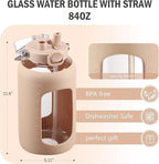 BLUEGO 84oz Water Bottle Glass with Stainless Steel Handle Large 2.5l Water Bottle with Time Markers and Silicone Sleeve Half Gallon Water Jug BPA Free for Gym Daily Use, Amber