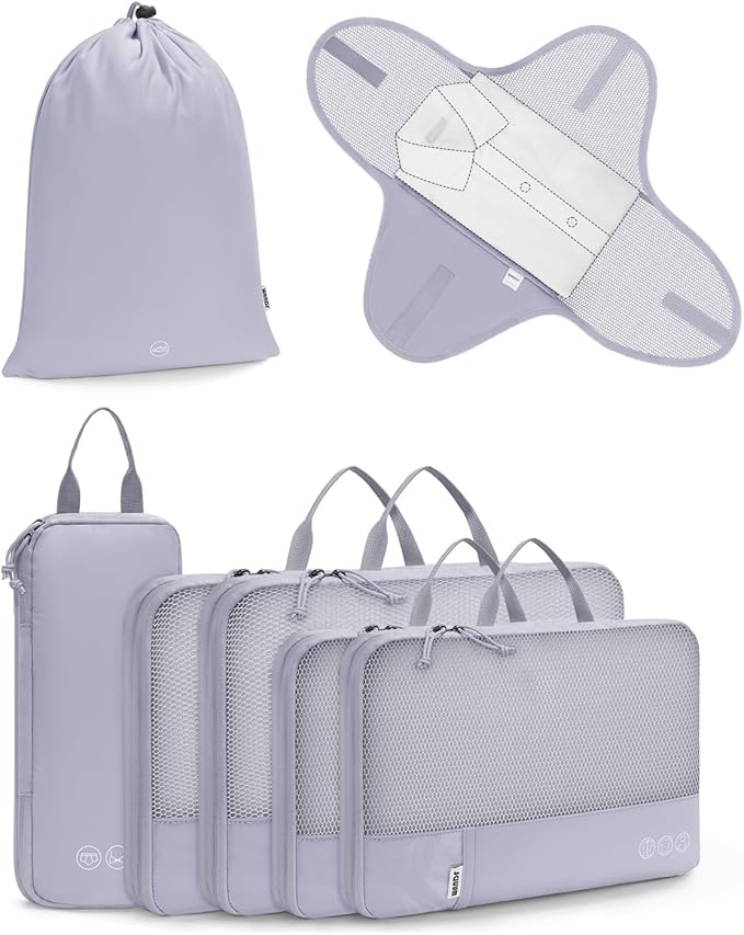 WANDF 7 Set Compression Packing Cubes for Travel, Shirt Folder for Wrinkle-Free, Suitcase Organizer Bags Set for Carry-On Checked Luggage Duffle Bag Women Men(Gray-blue)