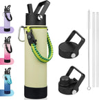 BJPKPK 27oz Insulated Water Bottles with 3 Lids, Paracord Handle & Non-slip Boot, Stainless Steel Metal Water Bottle with Straw, BPA Free Thermo, Tumblers,Macaron Green