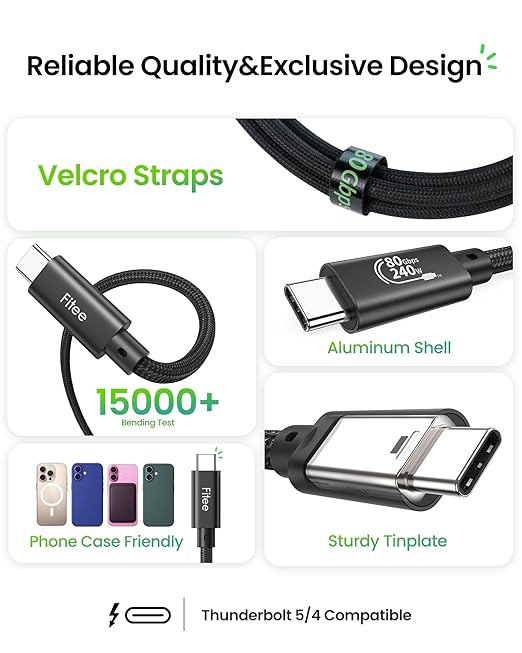 Fitee Thunderbolt 5 Cable 6FT Compatible, 80Gbps USB4 Cable, PD3.1 240W Charging, 120Gbps Video Bandwidth, 16K/Dual 8K, Braided USB C Video Cables for iPhone 16, MacBook Pro, Mac mini, PSSD, Display