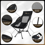 MOON LENCE High Back Folding Camping Chair, 330lbs Portable Compact Chair with Wide Seat & Ergonomic Back Support (Black)
