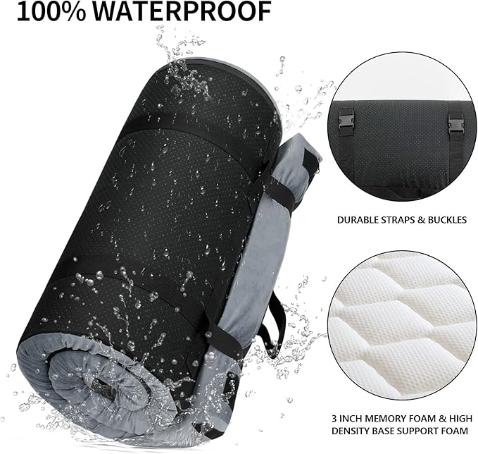 Memory Foam Camping Mattress Pad, Portable Sleeping Pad Roll Up Travel Mattress Waterproof Foldable Floor Cot Mattress Guest Bed for Sleepover