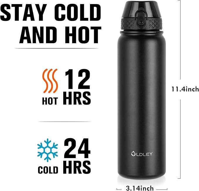 Oldley Insulated Water Bottle 32oz Water Bottles with Straw, Stainless Steel Water Bottle with 3 Lids, Double Wall Vacuum Bottles for Adult,Sports Bottles for School Travel, Black