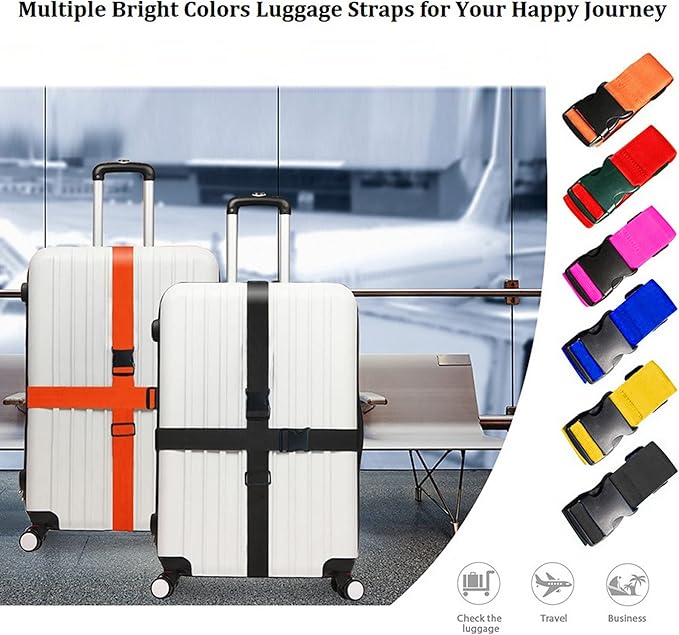 2 Pack Suitcase Straps, Bright Color Adjustable Luggage Belts, TSA Approved (Black)