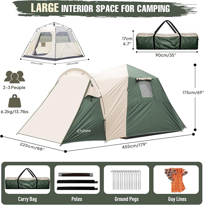 Chihee Camping Tent 2-3 Person Pop Up with Hydraulic Structure Family Tents Waterproof Windproof Outdoor Shelter Travelling Spacious One-Room Layout Quick Setup Durable Fiberglass & Aluminum Frame