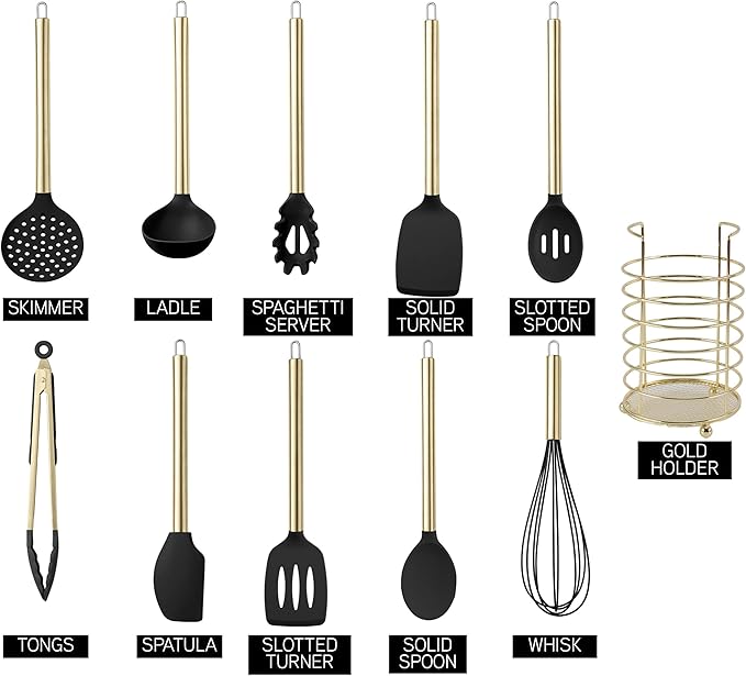 COOK WITH COLOR Silicone Cooking Utensils, Kitchen Utensil Set, Easy to Clean Silicone Kitchen Utensils, Cooking Utensils for Nonstick Cookware, Kitchen Gadgets Set with Holder, 10 Pieces