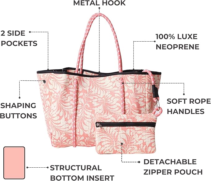 POPUPS Large Neoprene Tote Bag for Women – Stylish Work, Beach, Travel Bag with Pockets, Rope Handles with Zipper Pouch