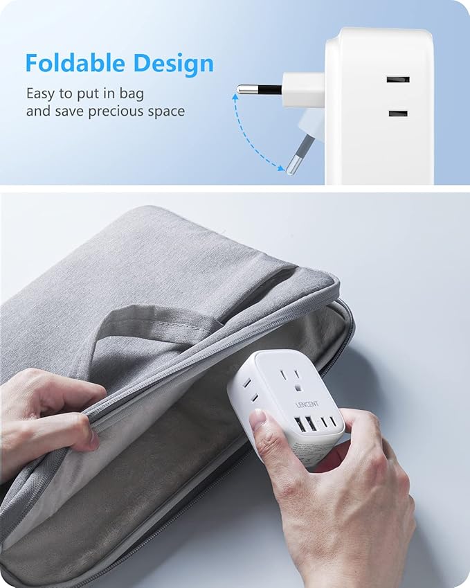 European Travel Plug Adapter, LENCENT US to Europe Type-C Foldable Power Plug with 4 Outlets 4 USB Ports (2 USB C), Power Adaptor for USA to EU Euro Iceland Spain Italy France Germany Greece Portugal
