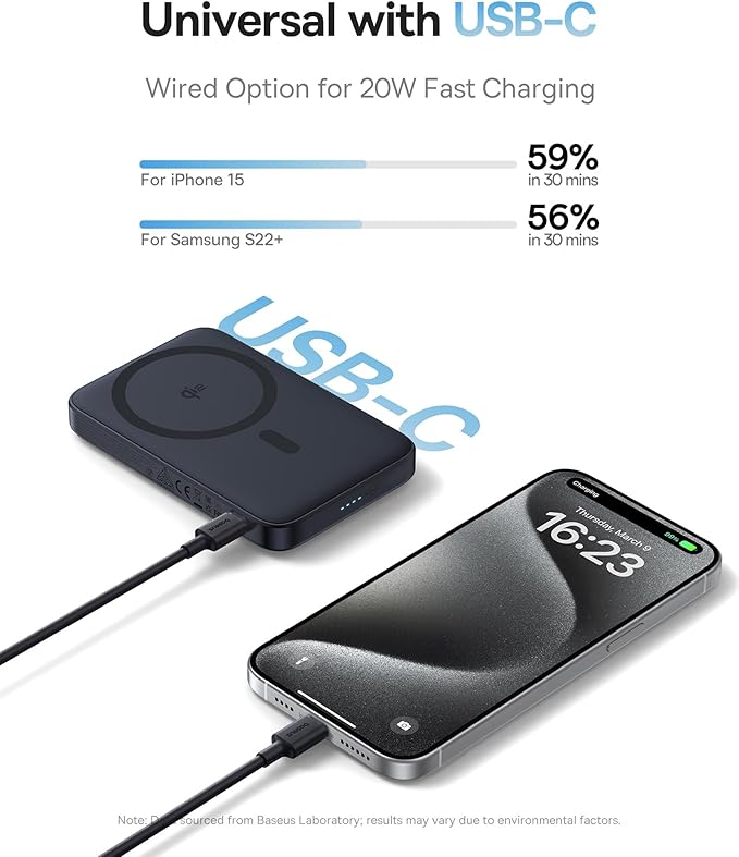 Baseus PicoGo Magnetic Power Bank, Qi2 Certified 15W Ultra-Fast Wireless Portable Charger with Stand, Ultra-Slim 5000mAh Battery Pack for iPhone 17 Pro Max 16/15/14/13/12