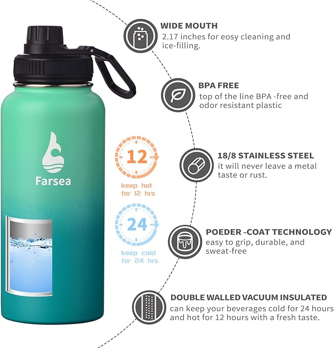 Farsea Insulated Water Bottle With Paracord Handle, Protective Silicone Boot and 2 Lids (Straw Lid & Spout Lid), Stainless Steel Water Bottle Wide Mouth, Double Wall Sweat-Proof BPA-Free, 32 oz